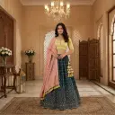 Teal Blue and Pastel Yellow Embroidered Silk Lehenga Set