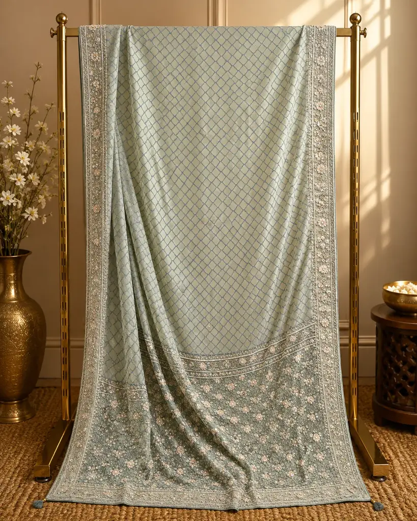 Sage Green Embroidered Saree with Sequin Border and Tassels