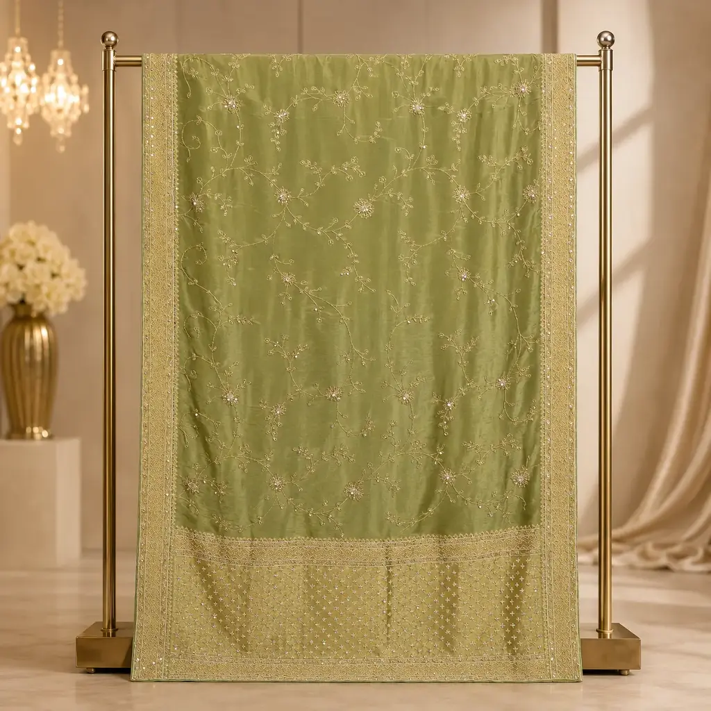 Olive Green Saree with Floral Embroidery, Sequin Border and Ornate Pallu