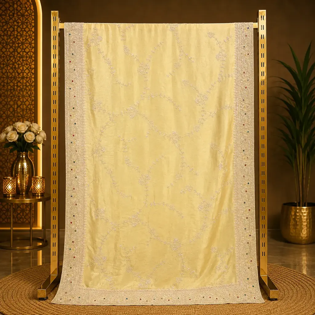 Pastel Yellow Saree with Floral Vine Embroidery and Multicolor Stone Border