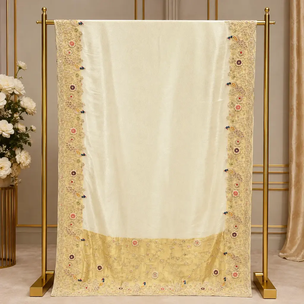 Elegant Ivory Saree with Golden Floral Peacock Embroidery and Ornate Border