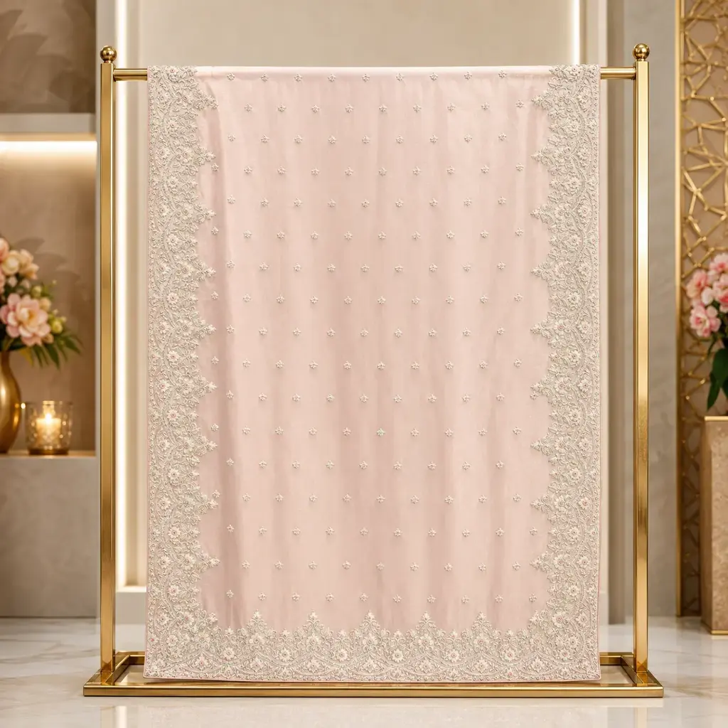 Women's Blush Pink Saree with Floral Embroidery and Ornate Border