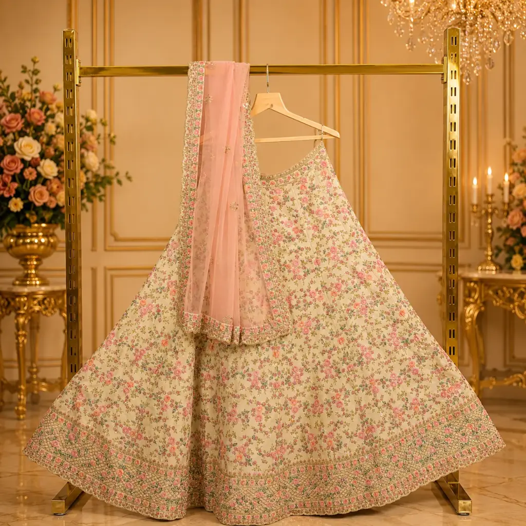 Women's Ivory Floral Embroidered Lehenga Choli with Sequins and Blush Pink Net Dupatta for Weddings