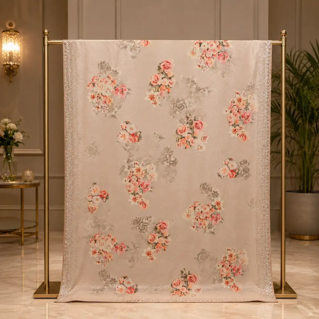 Blush Beige Floral Saree with Rose Bouquet Print and Sparkling Border