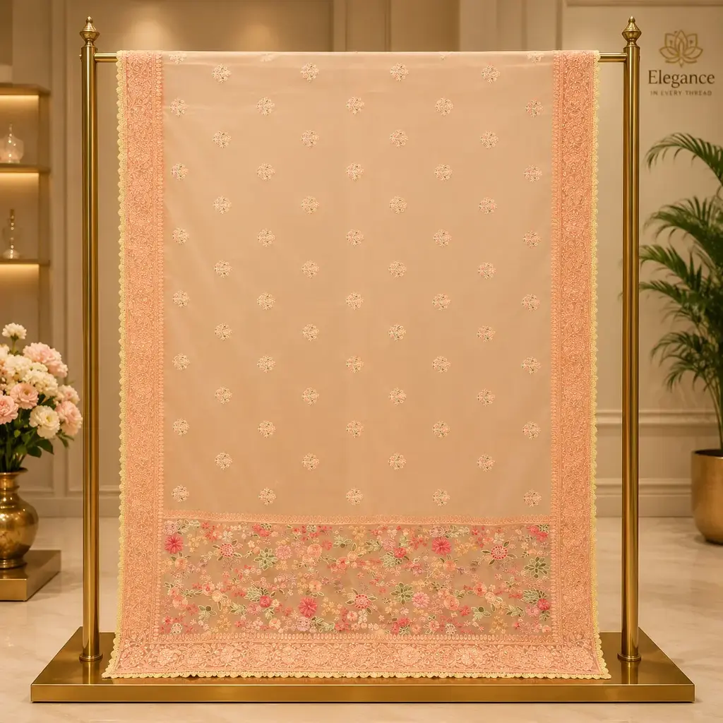 Peach Sheer Saree with Pink Floral Embroidery and Ornate Border