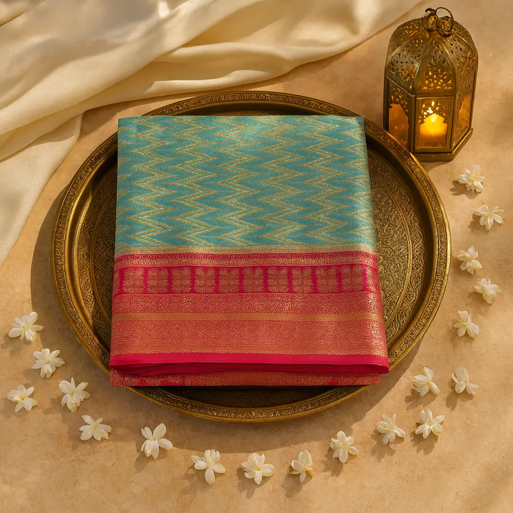 Teal and Magenta Chevron Silk Saree with Zari Border
