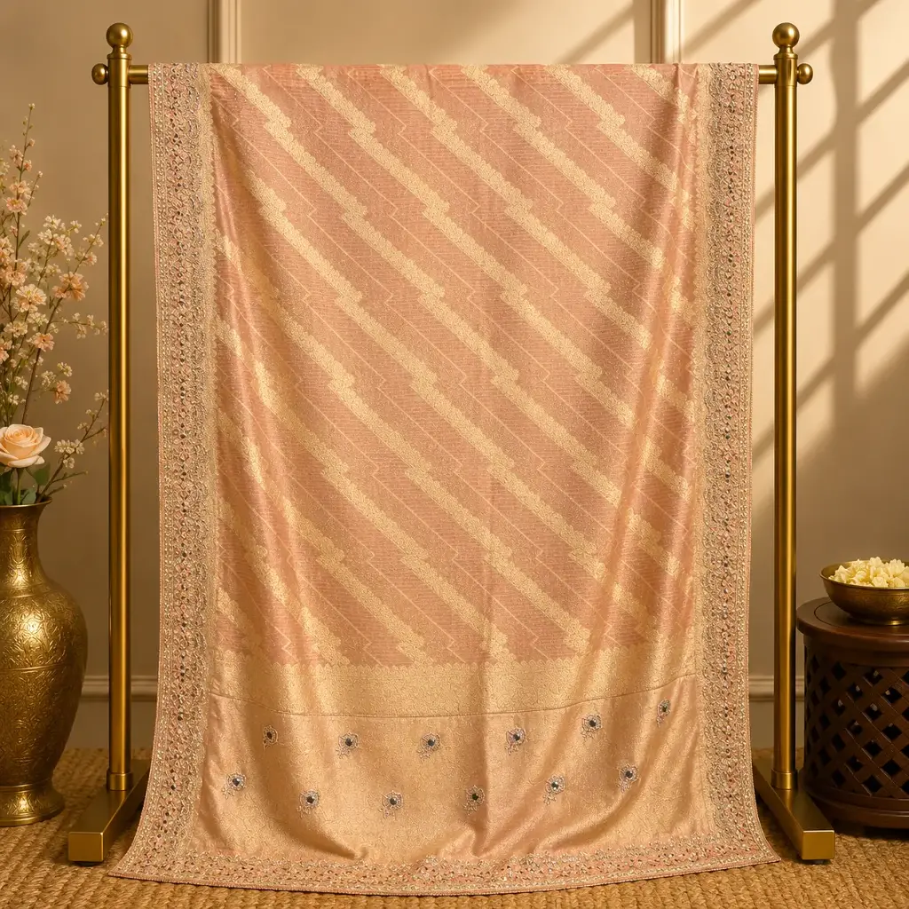Peach Gold Woven Saree with Chevron Motifs and Embellished Border