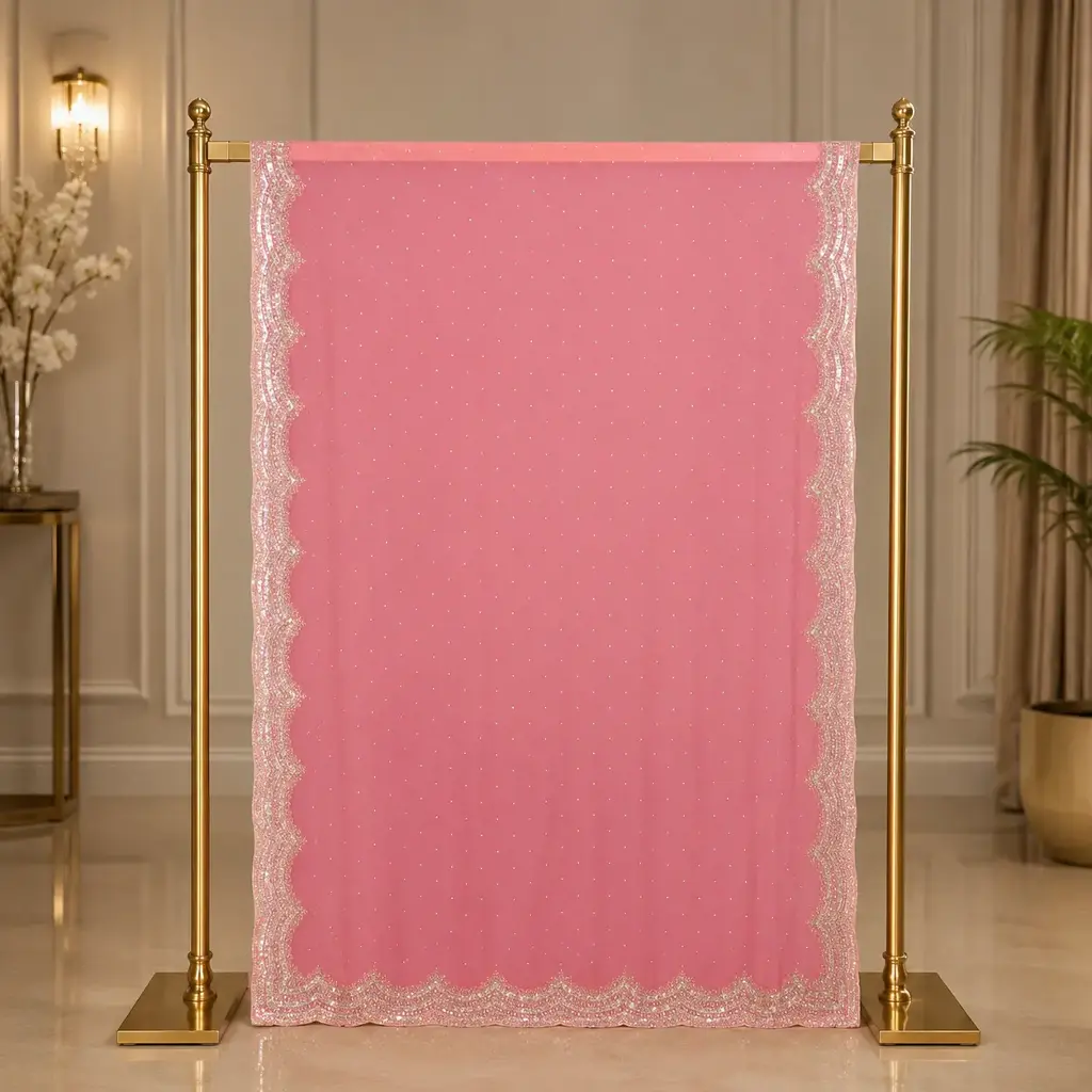 Elegant Rose Pink Crystal Studded Saree with Scalloped Sequin Border