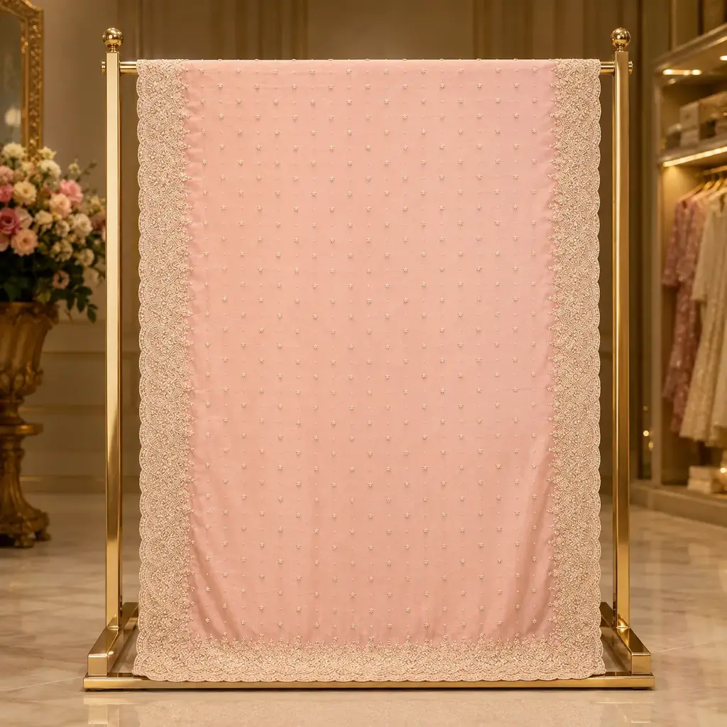 Women's Blush Pink Saree with Golden Sequin Buti Work and Scalloped Embroidered Border