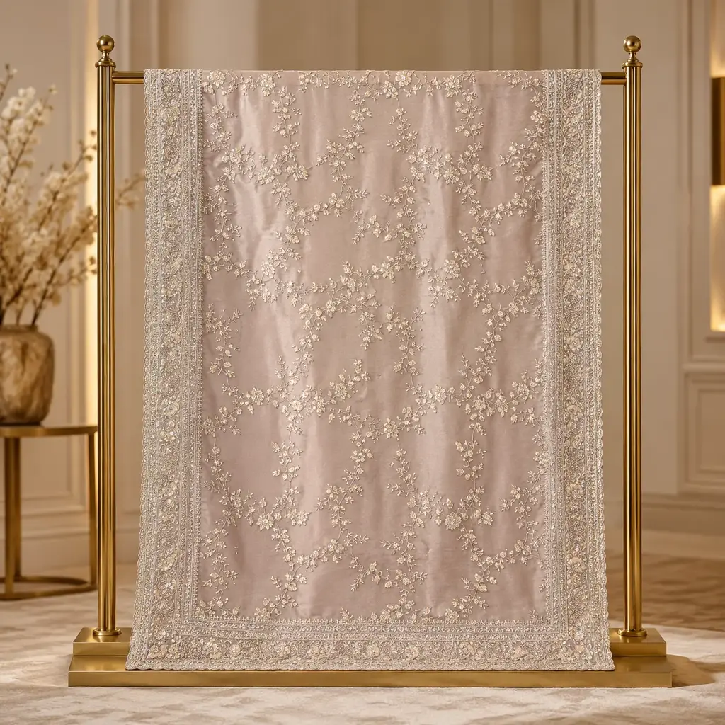 Blush Pink Embroidered Saree with Floral Vine Work and Ornate Designer Border