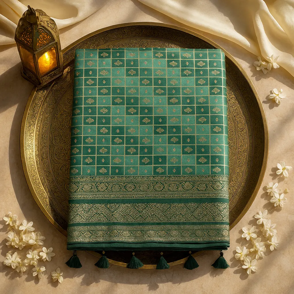Elegant Green Checked Designer Saree with Heavy Embellished Border