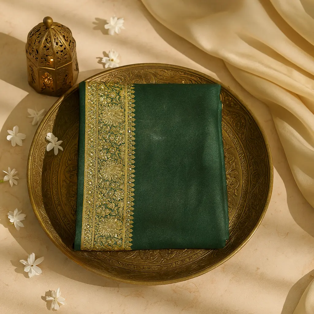 Elegant Dark Green Designer Saree With Traditional Zari Border