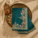Exquisite Rama Green Embroidered Designer Saree with Scalloped Border