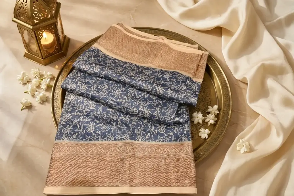 Indigo Blue Printed Chanderi Saree with Woven Zari Border