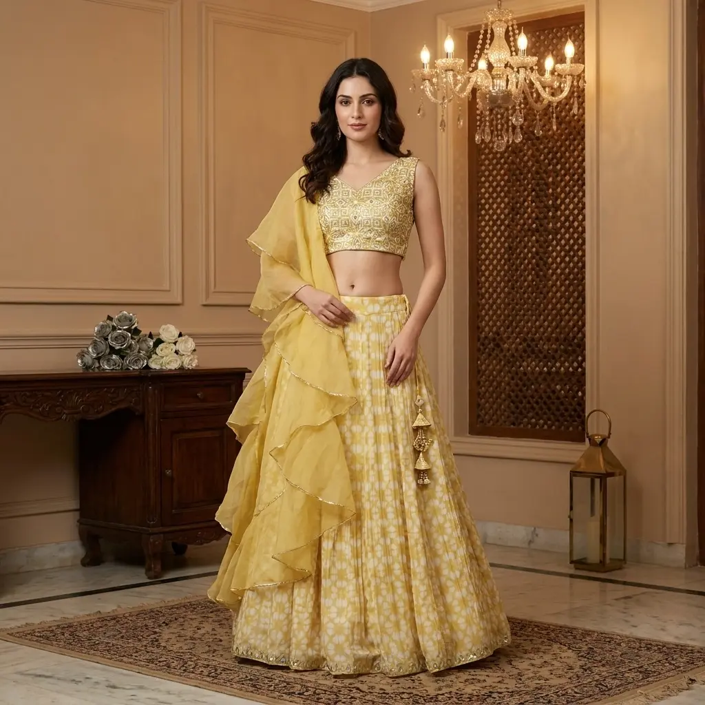 Sunshine Yellow Geometric Embellished Lehenga Set with Ruffled Dupatta