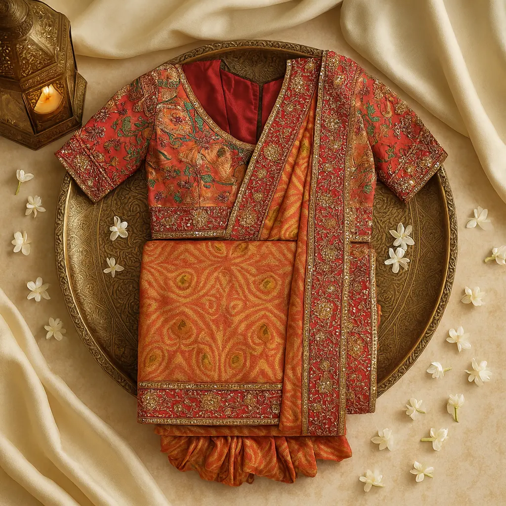 Elegant Orange Ikat Print Saree with Mirror Work Border 