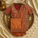 Elegant Orange Ikat Print Saree with Mirror Work Border 