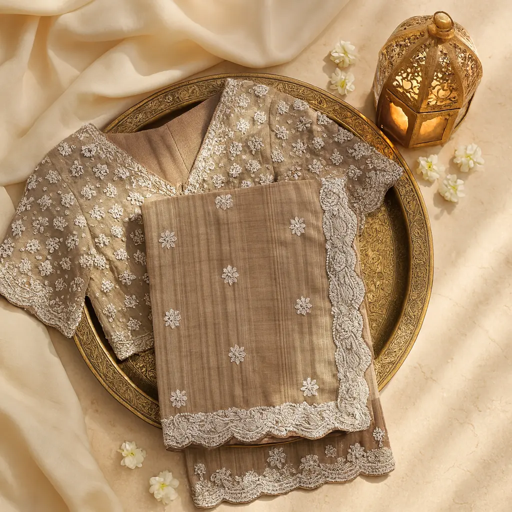 Elegant Embellished Taupe Designer Saree with Matching Embroidered Blouse