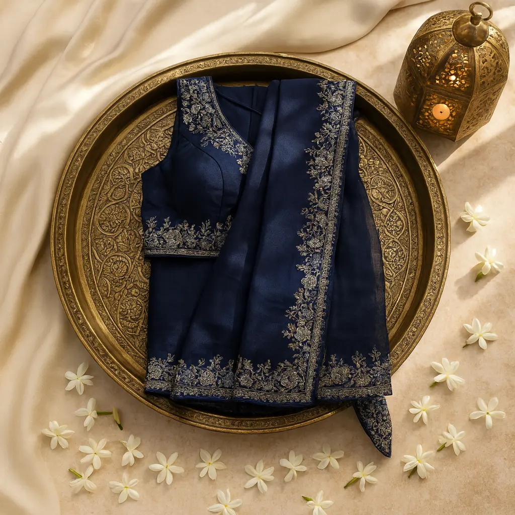 Elegant Navy Blue Designer Saree with Intricate Hand Embroidery
