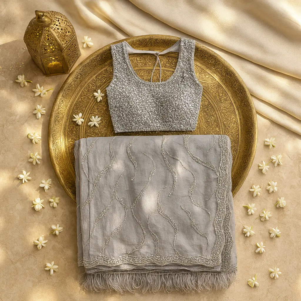Exquisite Grey Embroidered Saree with Heavily Embellished Blouse