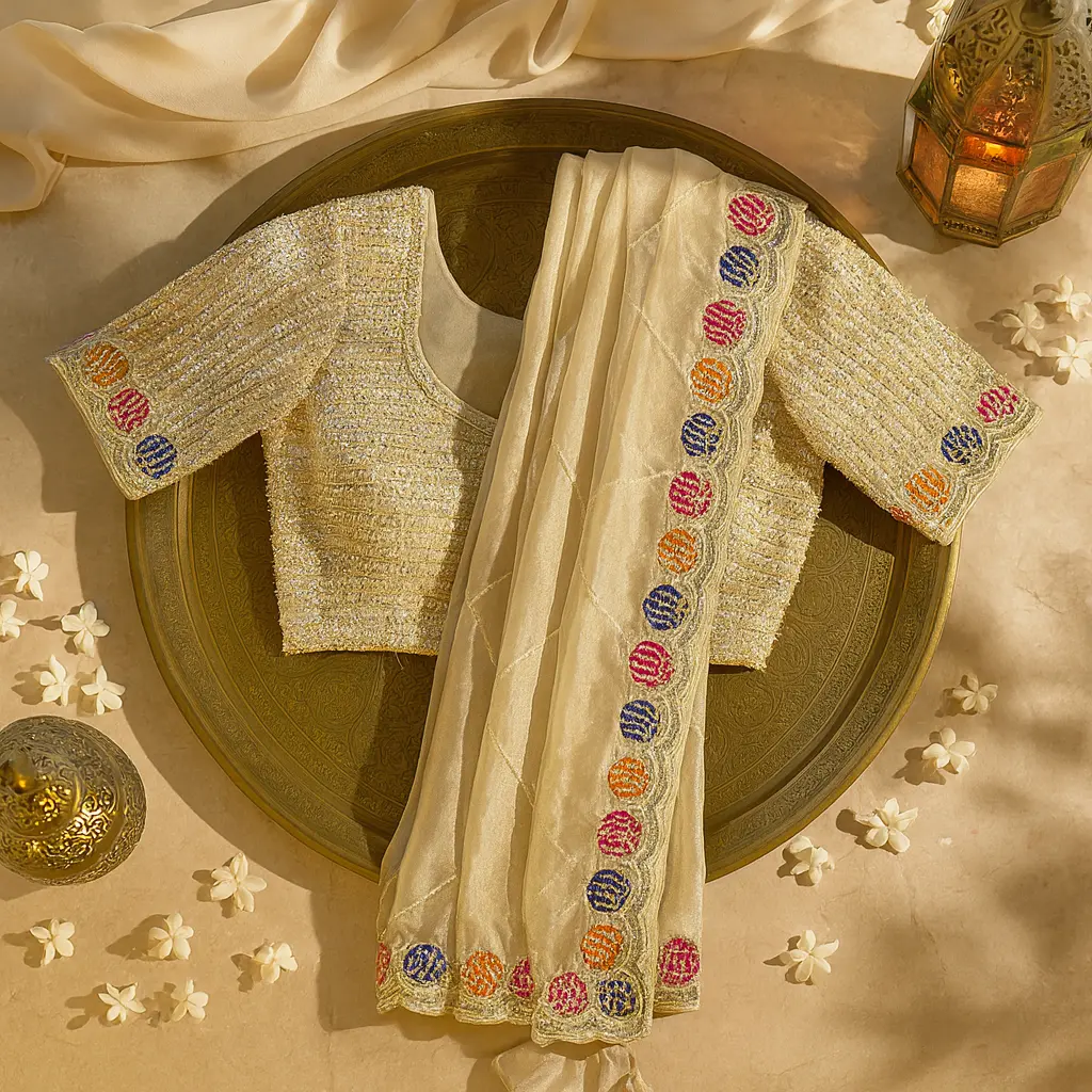 Elegant Beige Designer Saree with Multi-Colored Hexagon Border
