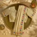 Elegant Beige Designer Saree with Multi-Colored Hexagon Border
