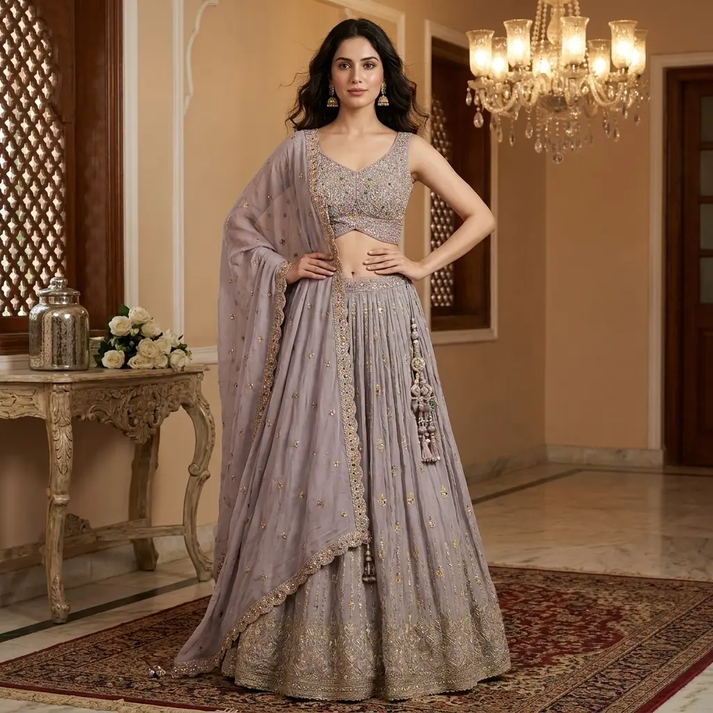Lavender Georgette Embroidered Lehenga Choli Set with Dupatta 