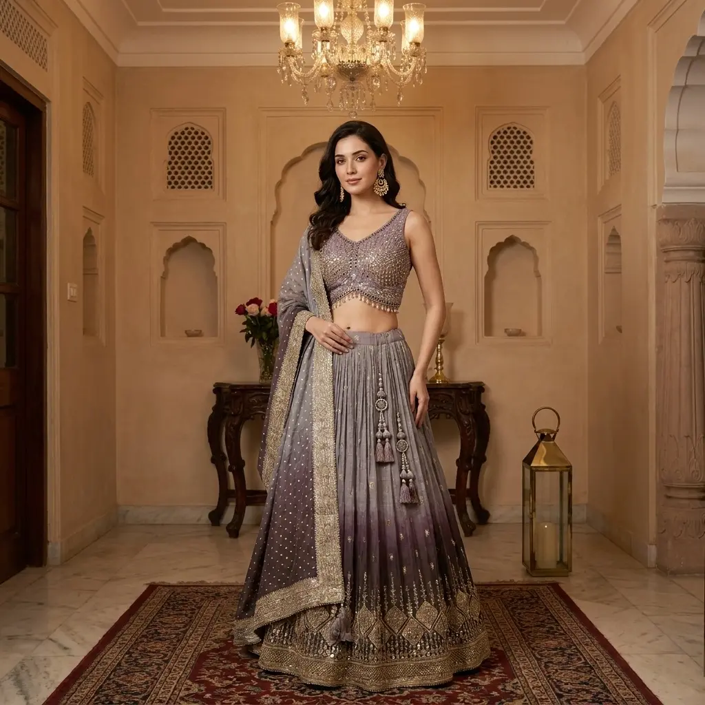 Ombre Mauve Purple Embroidered Crop Top Lehenga Set