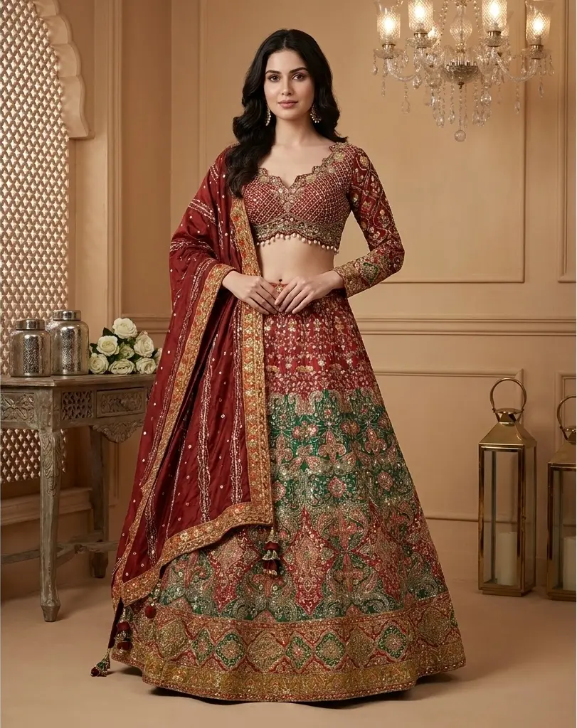 Maroon n Emerald Green Handcrafted Bridal Silk Lehenga Choli Set