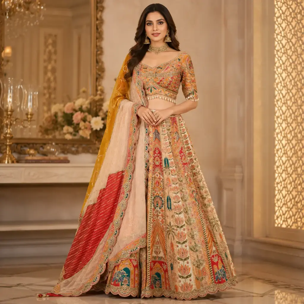 Women's Beige Orange Embroidered Lehenga Choli with Multicolor Dupatta for Wedding Festive Wear Sets