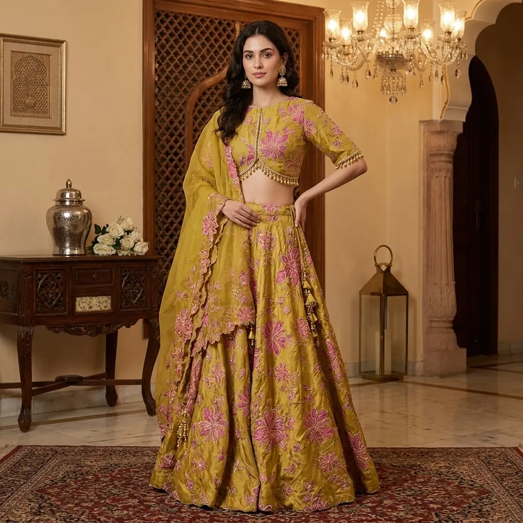 Mustard Yellow Silk Lehenga Choli with Pink Floral Embroidery