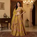 Mustard Yellow Silk Lehenga Choli with Pink Floral Embroidery