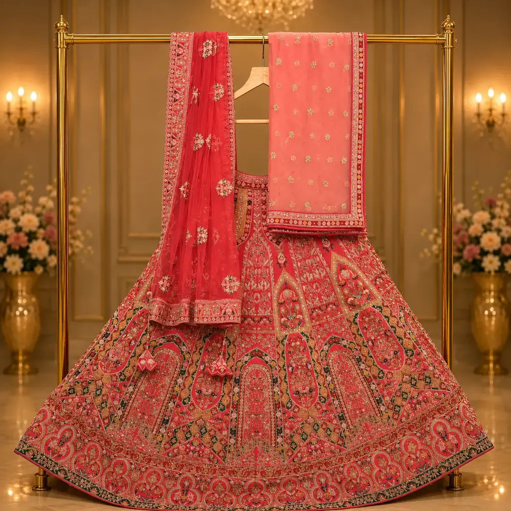Coral Pink Bridal Lehenga Choli with Multicolor Embroidery and Matching Dupatta