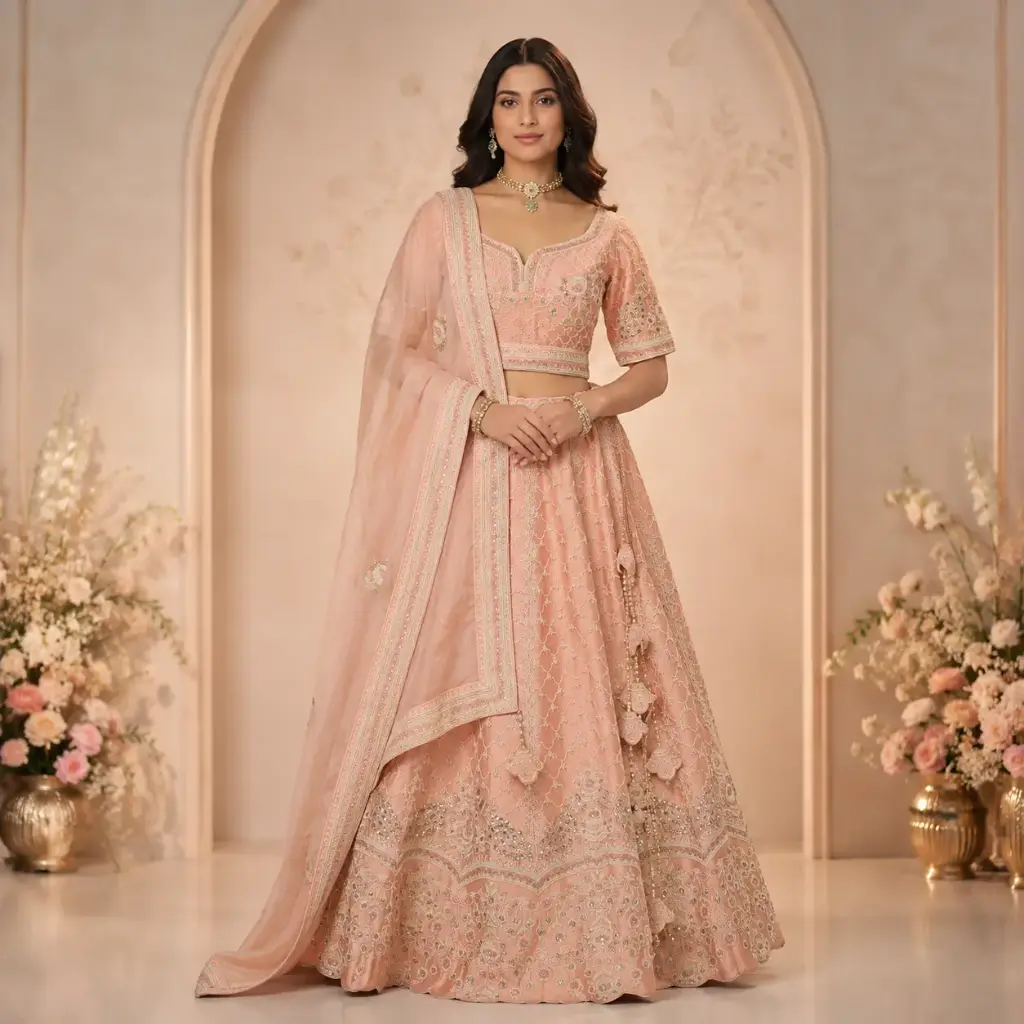 Women's Peach Pink Embroidered Lehenga Choli with Dupatta for Wedding Reception and Festive Wear Set