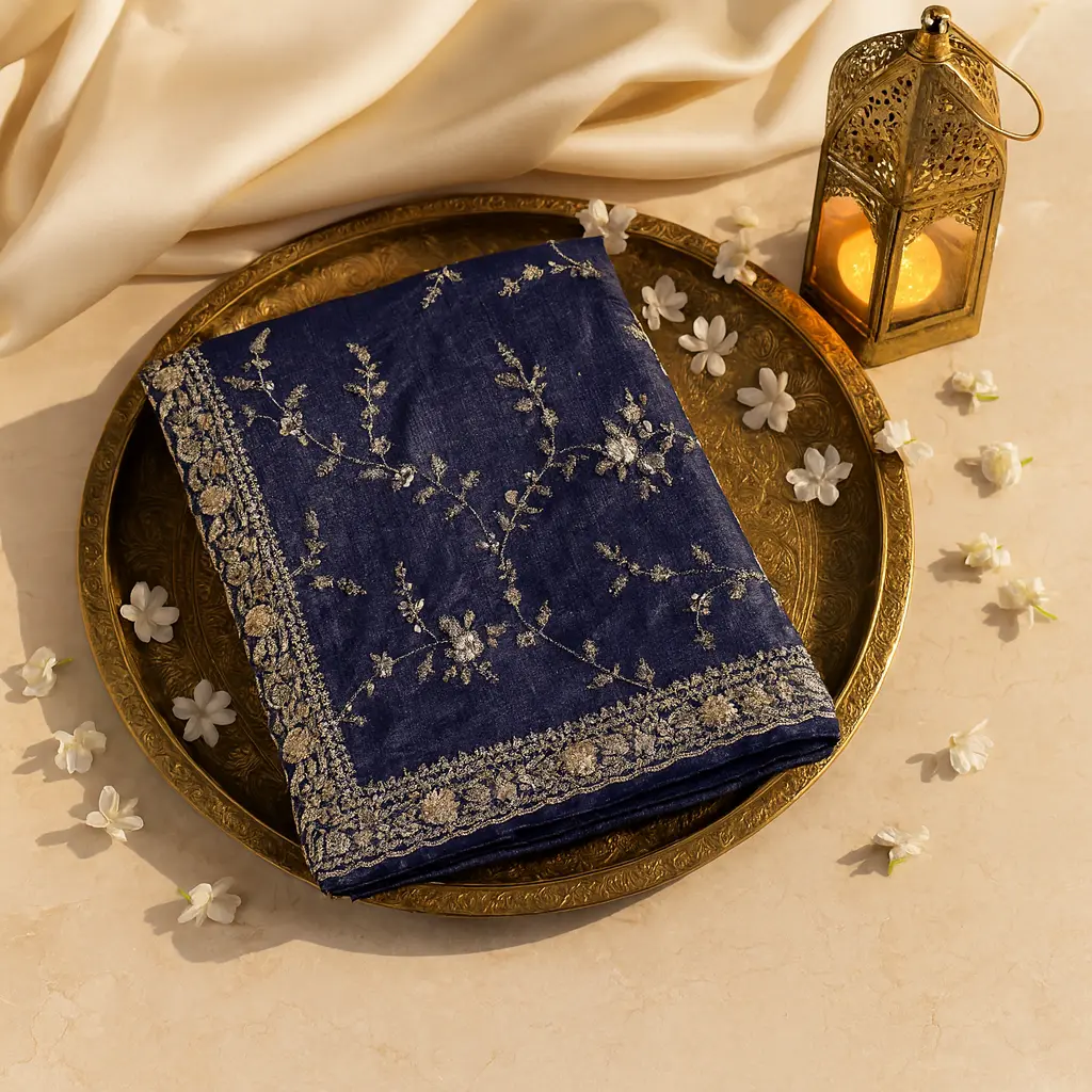 Elegant Royal Blue Embellished Designer Saree with Floral Embroidery