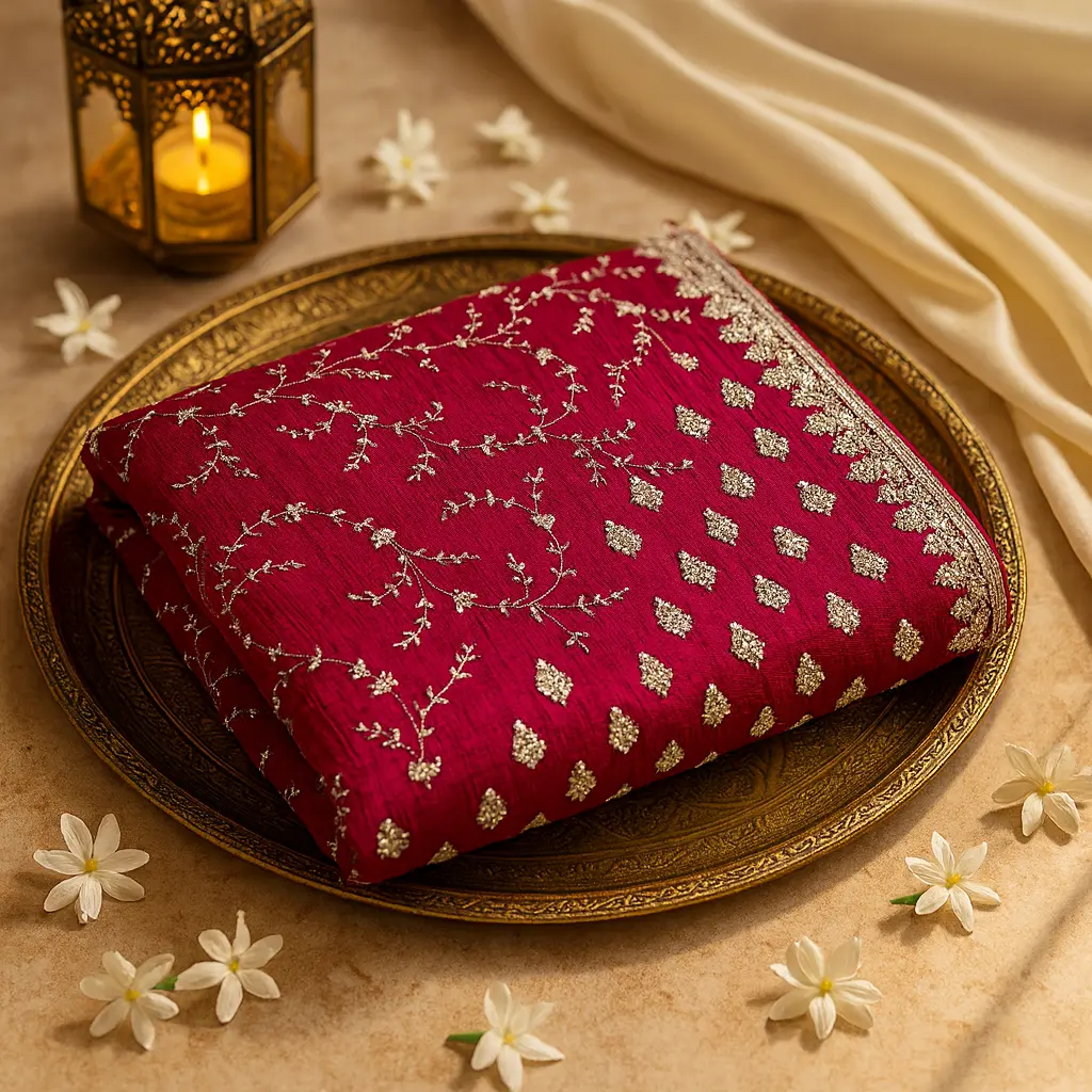  Exquisite Crimson Red Designer Saree with Intricate Silver Embellishments 