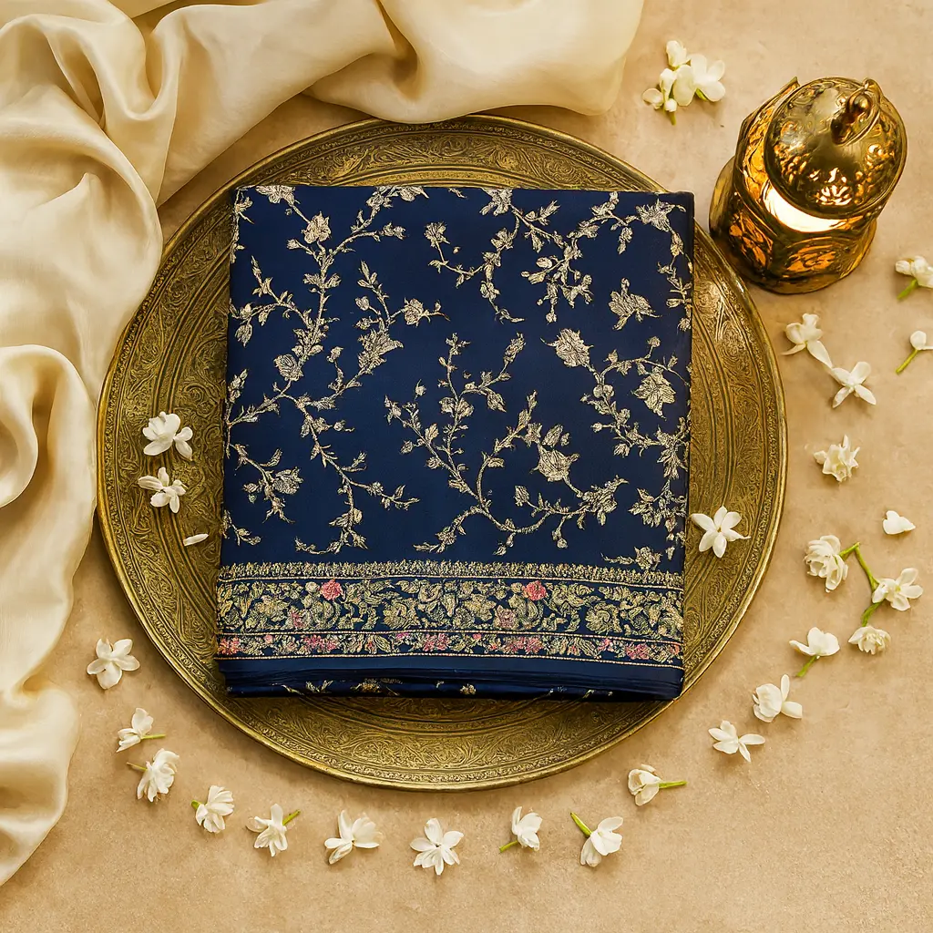 Elegant Navy Blue Designer Saree With Intricate Floral Embroidery
