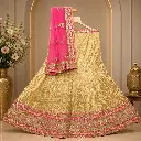 Women's Cream Gold Brocade Lehenga Choli with Pink Net Dupatta
