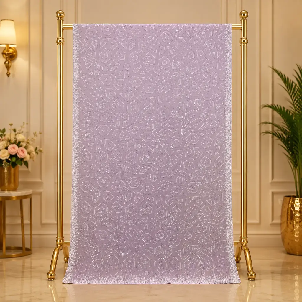 Lilac Net Saree with Geometric Sequin Embroidery and Scalloped Border