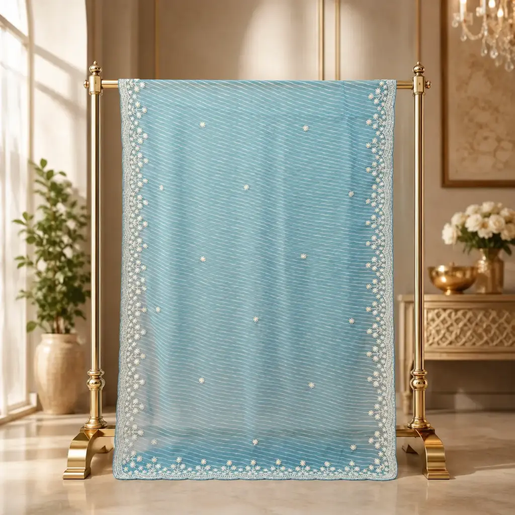 Sky Blue Wavy Sequin Embroidered Saree with Scalloped Border