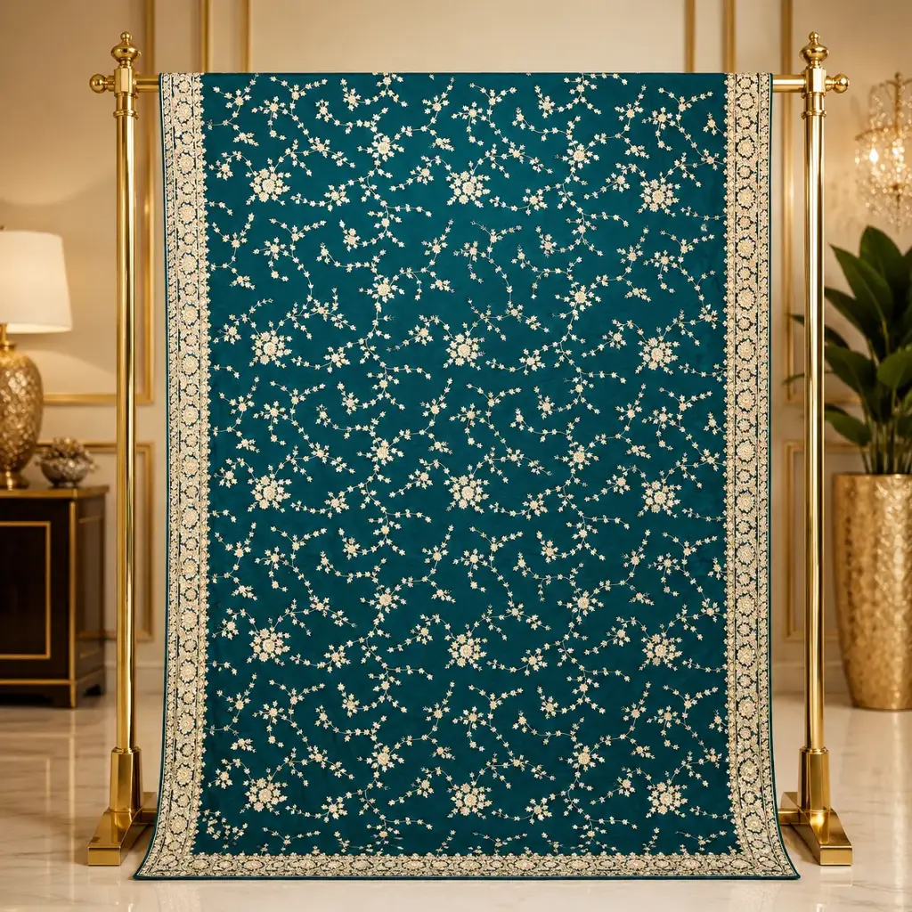 Teal Green Saree with All-Over Gold Floral Embroidery and Ornate Border