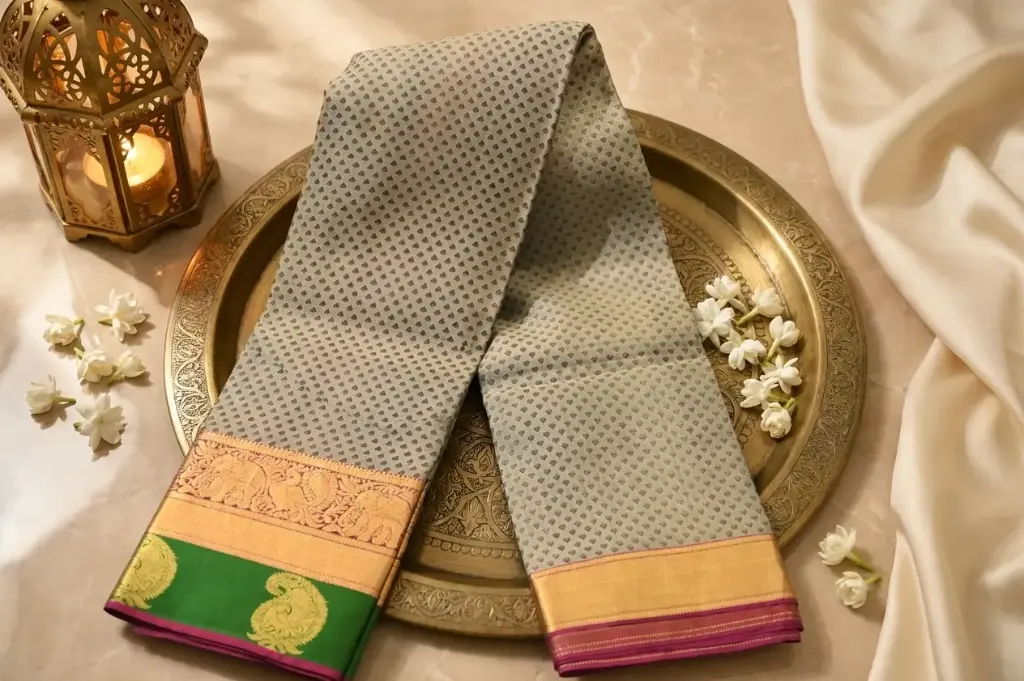 Silver Grey Kanjivaram Silk Saree with Contrast Borders