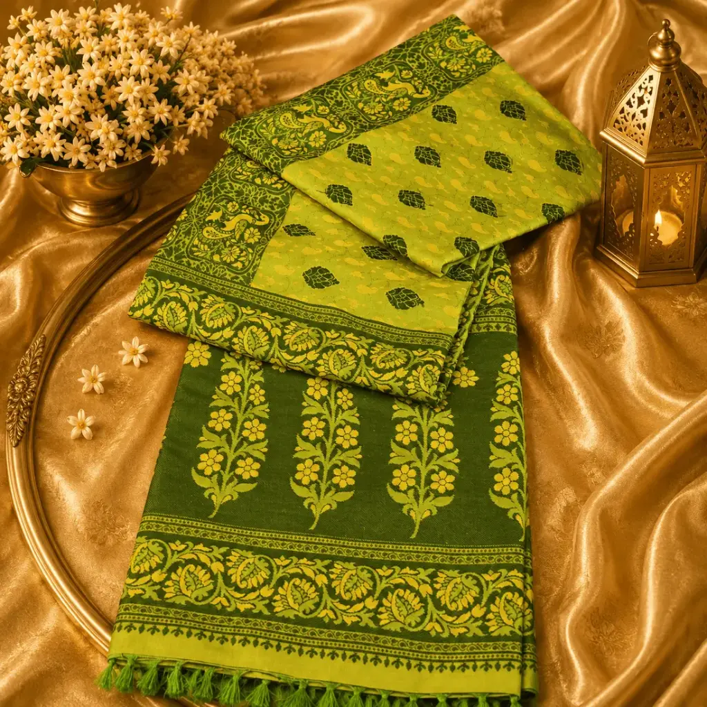 Green Banarasi Silk Saree with Floral Woven Border & Elegant Traditional Ethnic Party Wear Design 