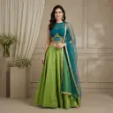 Peacock Blue and Lime Green Embroidered Crop Top Skirt Set