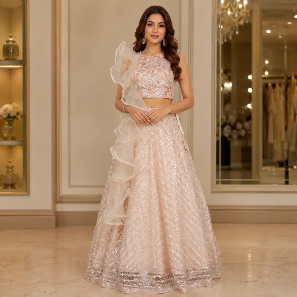 Women's Blush Pink Sequin Lehenga Choli with Ruffled Dupatta