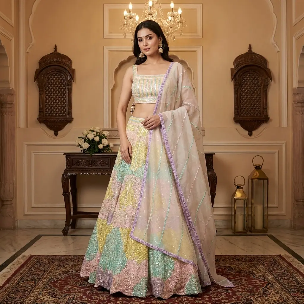 Pastel Multi-Color Sequin Embroidered Crop Top Lehenga Set