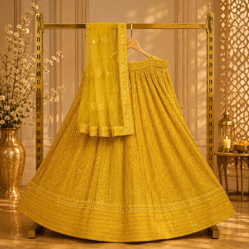 Women's Mustard Yellow Lehenga Choli with Mirror Work and Net Dupatta