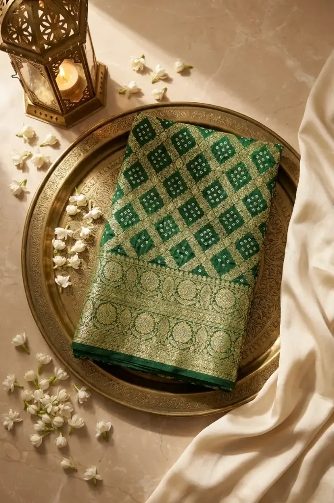 Emerald Green Pure Gaji Silk Bandhani Junglow Saree