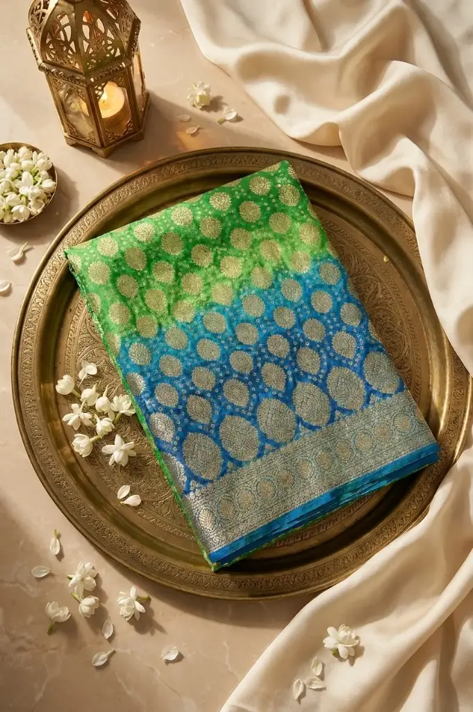 Dual Shade Green and Blue Banarasi Bandhani Georgette Saree