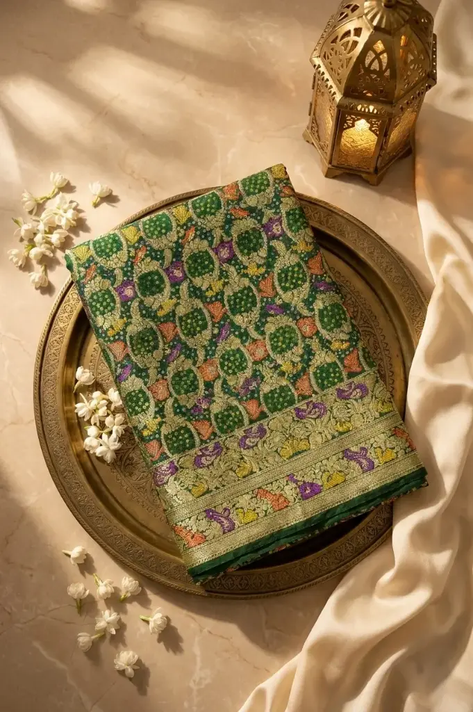 Bottle Green Georgette Bandhani Banarasi Shikargah Jangla Saree